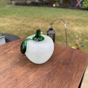 Art Glass Vintage Apple Paperweight Clear Bubbles Applied Green Glass Leaf